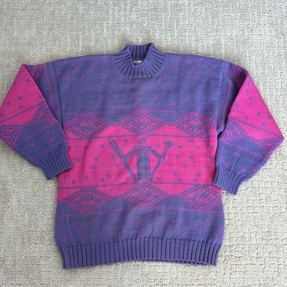 VTG 80s 100% wool turtleneck mock neck sweater pink purple ski motif apres ski